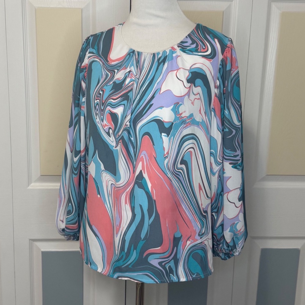 Nicole Miller Abstract Swirl Print Pastel Pink Blue White Size S Long Sleeve Top